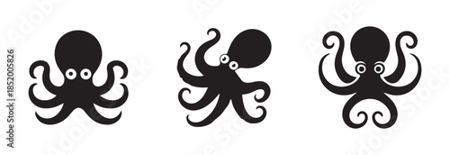 Adorable black and white vector drawings of friendly octopus animals showing playful hand like arm gestures