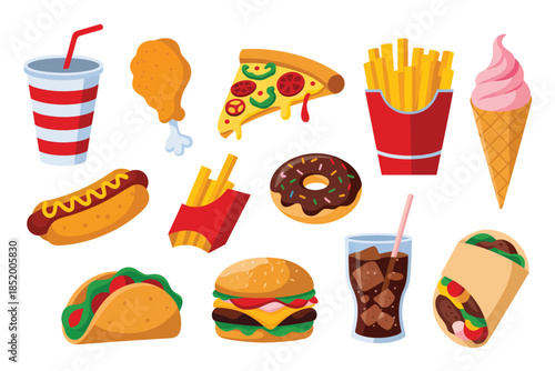 Realistic fast food cartoon illustration set. Delicious hamburger, slice of pizza, taco, soda, ice cream cone, fried potatoes, Junk food, unhealthy diet concept 