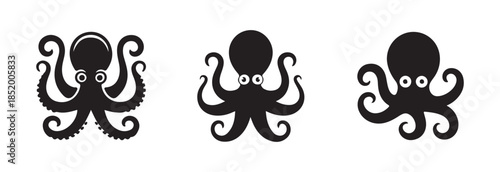 Set of professional dark octopus icons representing different swimming positions and dynamic body postures