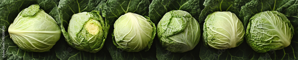 Fototapeta premium Fresh cabbage heads row on savoy cabbage leaf background, top view
