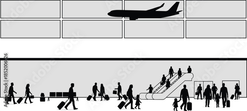 Airport Terminal Interior Silhouettes Featuring Travelers with Luggage Using Escalators and Airplane Flying Outside Windows for Travel Graphic Design Concept