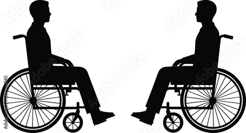 Black Silhouette Vector Illustration of Two Men Sitting in Wheelchairs Facing Each Other Representing Disability Accessibility Mobility Inclusion and Healthcare Support