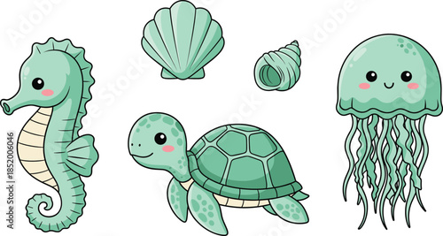 Cute mint green underwater sea animal collection with seahorse sea turtle jellyfish