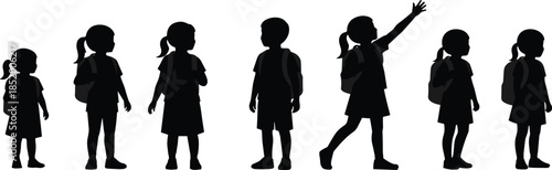 Collection of black silhouettes featuring school children with backpacks walking and various people reading books in various relaxed sitting and lying positions
