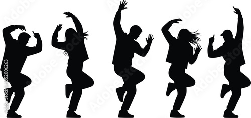 Collection of energetic male and female street dancer silhouettes in action poses wearing casual hip hop apparel for creative design