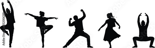 Collection of energetic male and female street dancer silhouettes in action poses wearing casual hip hop apparel for creative design,