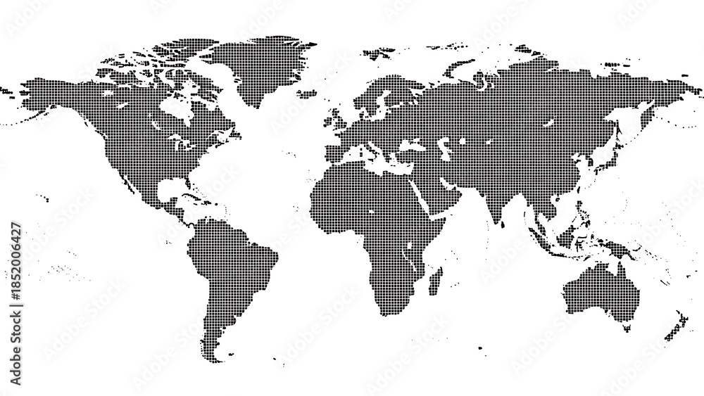 Obraz premium Global map illustration made of square dots on white background for technology concept.