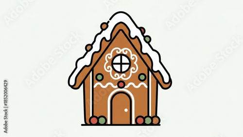 A charming gingerbread house with snow on roof and icing decorations on a white background for christmas