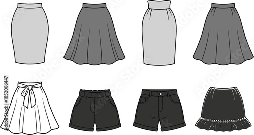 Collection, of, various, women, skirts, and, shorts, fashion, sketches, including, pencil, skirts, flared, designs, and, casual, shorts, for, garment, apparel, catalog