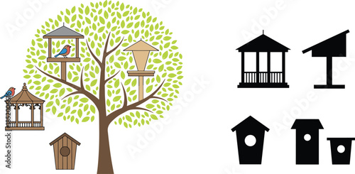 Educational Vector Illustration for Kids Featuring a Birdhouse Matching Game with Colorful Feeders Trees and Black Shadow Silhouettes for Early Childhood Development
