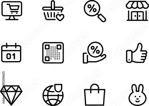 Collection of twelve black line shopping icons featuring cart, basket, sale, store, calendar, qr code, like, and diamond.