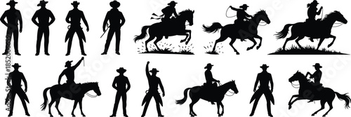 Cowboy silhouette vector set, western riders, horse poses, roping, shooting, standing, galloping, vintage wild west theme, action, culture, design