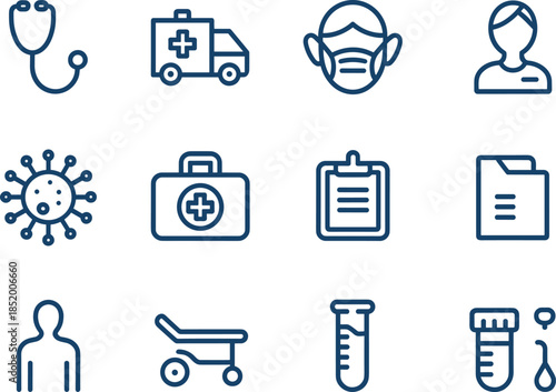 Collection of twelve blue outline healthcare icons featuring stethoscope, ambulance, virus, doctor, mask, test tube, and hospital bed.