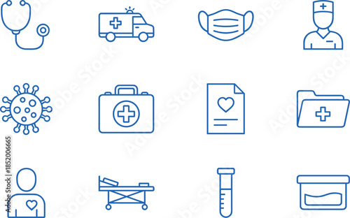 Set of blue outline medical and healthcare icons featuring stethoscope, ambulance, mask, doctor, virus, bag, and hospital equipment.