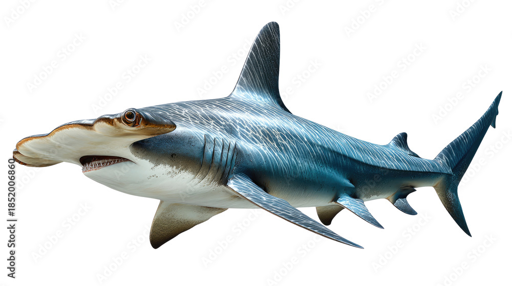 Fototapeta premium Hammerhead Shark's Portrait: A striking close-up of a hammerhead shark showcases its unique cephalofoil. Capturing the essence of marine life's marvel. 