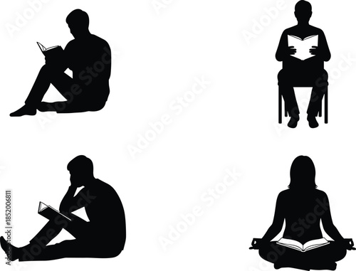 Large collection of black silhouettes featuring men and women reading books in various poses like sitting on chairs floor and beanbags