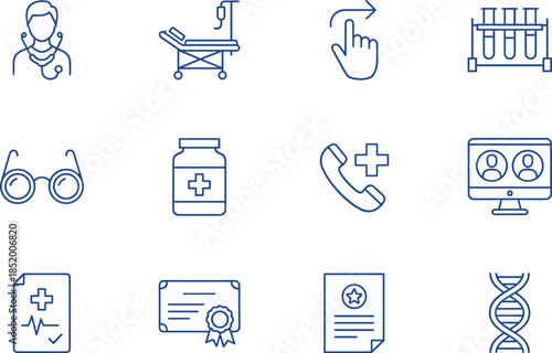 Set of twelve blue linear medical icons including doctor, hospital bed, test tubes, telemedicine, DNA, certificate, and medicine.