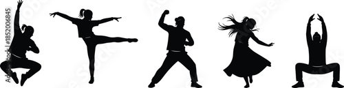 Large Collection of Energetic Male and Female Street Dancer Silhouettes in Action Poses Wearing Casual Hip Hop Apparel for Creative Design
