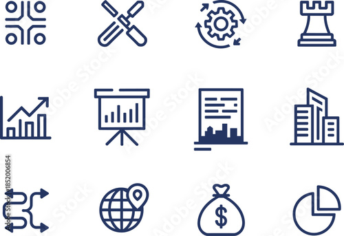 Set of twelve blue outline business and finance icons featuring strategy, growth, charts, money, buildings, and global networking.