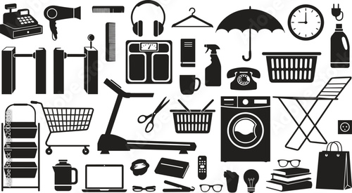 Large Collection of Household Objects and Retail Equipment Silhouettes Featuring Electronics Appliances Fitness Gear Personal Care and Shopping Icons for Design