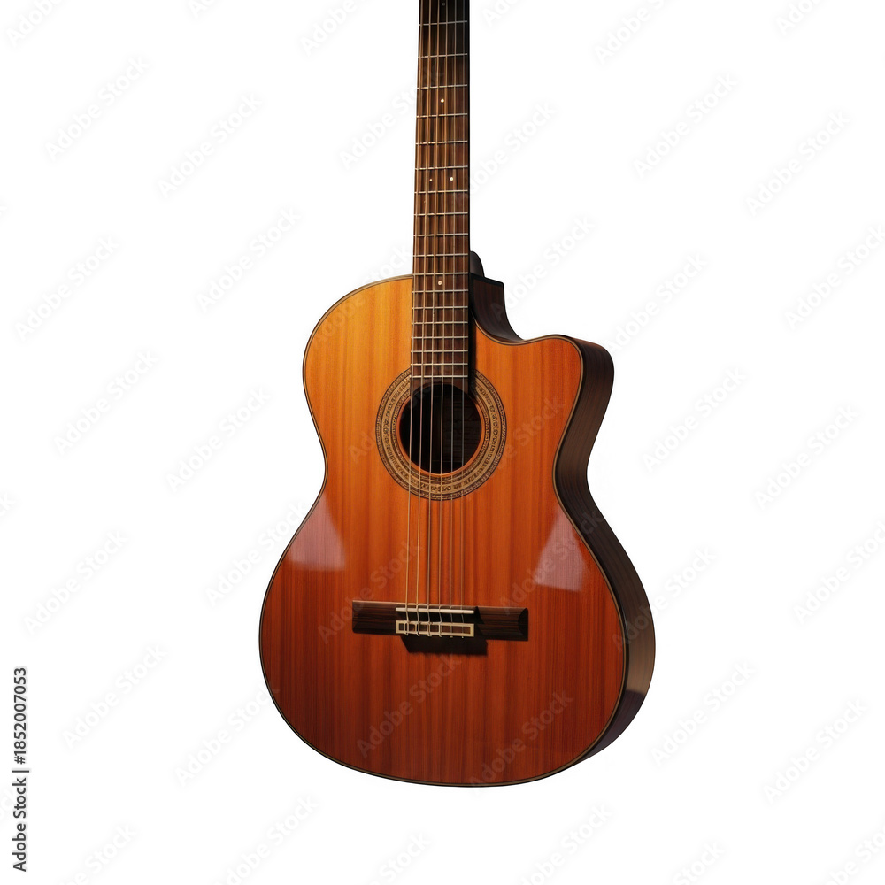 Obraz premium Acoustic guitar with a cutaway body and natural wood finish isolated on transparent background