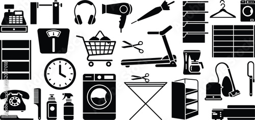 Large Vector Collection of Black Silhouette Icons Featuring Household Appliances Fitness Equipment Retail Tools Personal Care Items and Domestic Electronic Devices