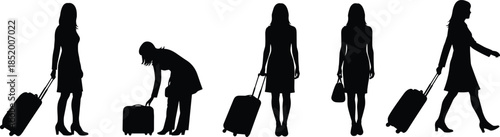 Mega collection of black silhouettes featuring businesswomen with suitcases, school children with backpacks and various people reading in various relaxed poses