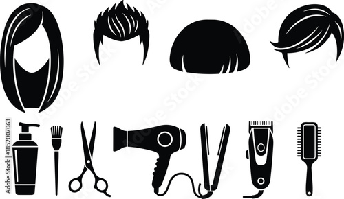 Professional Hair Salon Icon Set Featuring Hairstyles Hairdryer Scissors Clippers Flat Iron and Beauty Tools for Barbershop Branding and Stylist Design