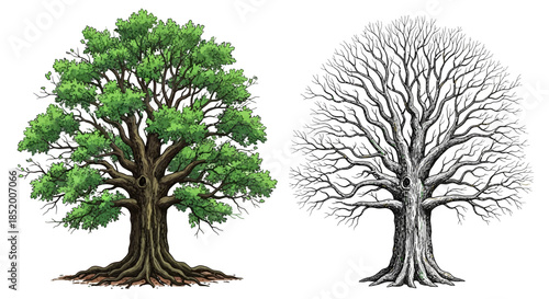concept of changing seasons showing green summer tree and leafless winter tree