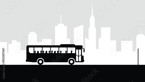 Public Transportation City Bus Silhouette with Passengers Driving on Urban Road Against a Modern Skyline with Buildings and Skyscrapers for Design