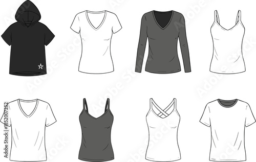 Set of Women's Fashion Apparel Vector Sketches Including V-Neck T-Shirts, Hooded Tops, Long Sleeve Shirts, and Athletic Strappy Camisole Tank Tops