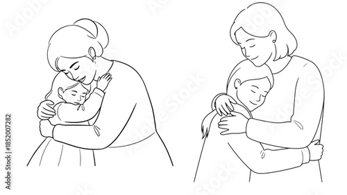 Affectionate hug between an aunt and her young niece at a family holiday celebration, minimalist black and white line drawing set of family bonding and emotional support