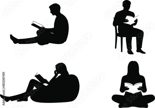 Silhouettes of various people reading books in various relaxed poses including sitting on a chair beanbag and cross legged on floor