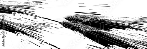 Tire tracks. Abstract wheel braking distance, tread silhouette brush. Isolated vector strip of cars or motorbikes. Vehicle tires, rubber road track, vector