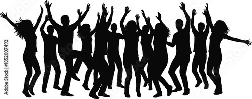 Vector silhouette of large happy group of people jumping and dancing together with raised hands isolated on white background, party