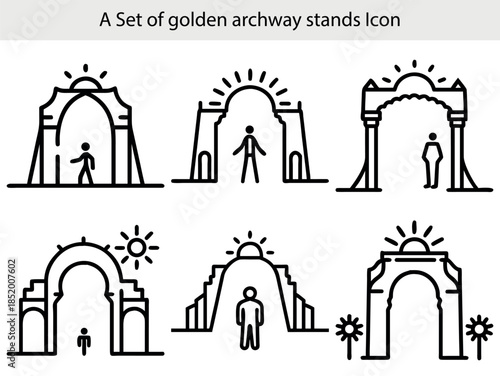 Ancient archway icons with sun and flower motifs and solitary figures architecture structure