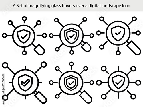 Icons of Magnifying Glass Hovering Over Digital Shield with Network Connections landscape