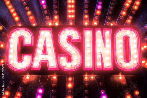 Brightly lit casino sign with retro marquee lights, showcasing vibrant colors and bold typography, creating an inviting atmosphere for entertainment and gaming