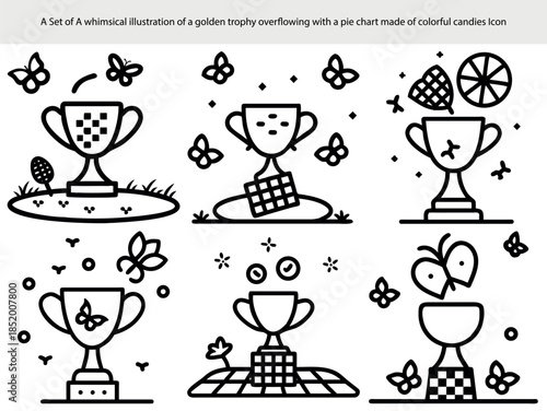Set of whimsical icons of golden trophies with butterflies and pie chart candy trophy overflowing