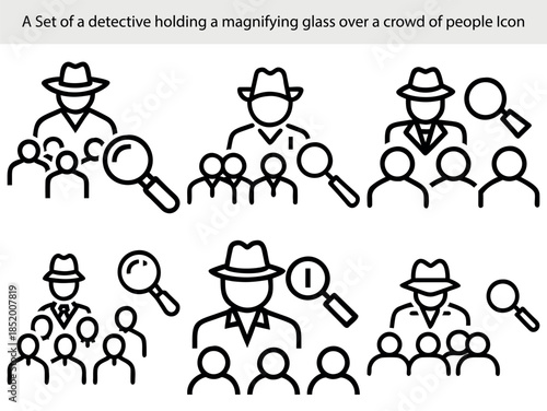 Six outline icons of a detective in a fedora examining a crowd of people with a magnifying glass