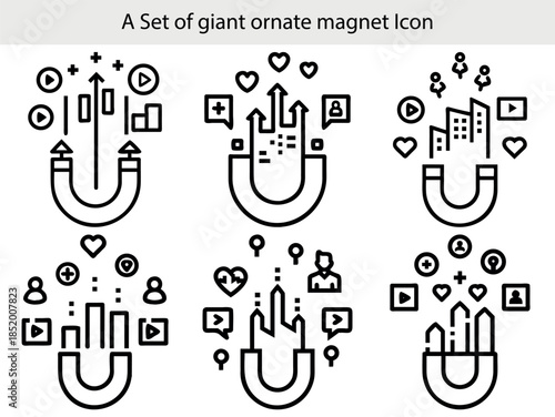 Social media engagement icons featuring a horseshoe magnet attracting user icons and content