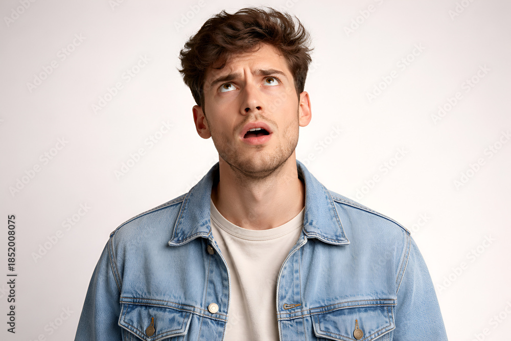 Fototapeta premium Confused Young Man Looking Up - Thinking, Questioning Concept