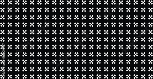 Seamless High-Contrast Black and White Geometric Cross Pattern with Repeated Plus Signs on a Dark Background, Ideal for Modern Fabric Prints, Abstract Tiling, and Digital Graphic Textures