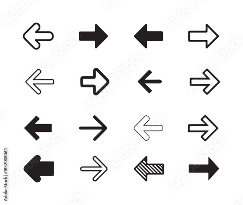 Four by four grid of arrow icons featuring left and right directions in outline filled and hatched styles