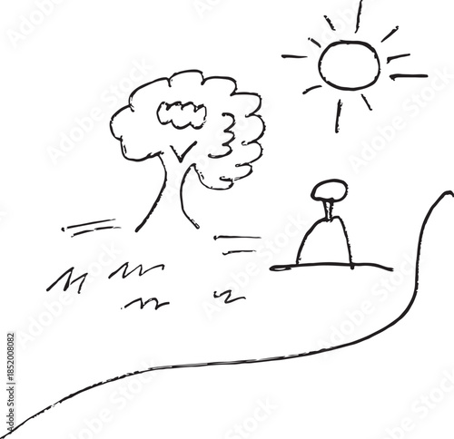 Minimalist doodle of a tree, bright sun, and a lone figure in a natural landscape Vector, illustration