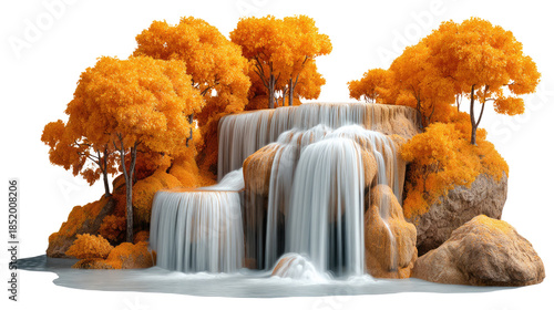 Serene Waterfalls in Autumn's Embrace: Witness the stunning symphony of nature's beauty as a cascading waterfall gracefully descends through rugged cliffs, embraced by the warm hues of autumn. 