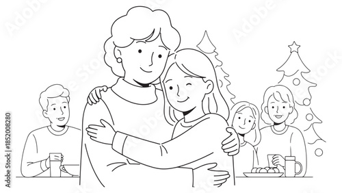 Family Embrace at Holiday Dinner Table with Christmas Tree Background for Seasonal Greetings and Festive Celebrations