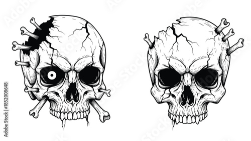 Hand-drawn illustration of a cracked and damaged human skull pierced with bones, shown in two variations for a horror theme.