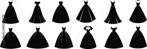 Dress silhouette vector set, black fashion gown icons, elegant clothing shapes for design, branding, boutique, sewing, and apparel illustration use