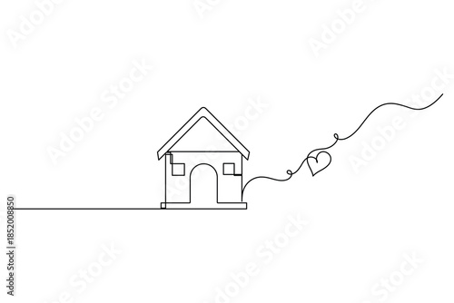 House with heart symbol in continuous one line drawing for family love and home sweet home concept